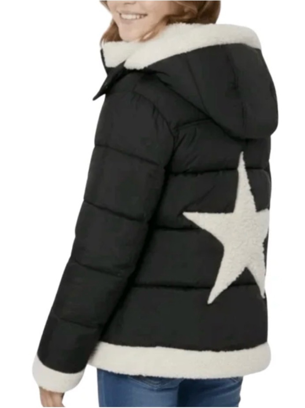 Sam Edelman Black Puffer Jacket with White Star and Sherpa Trim